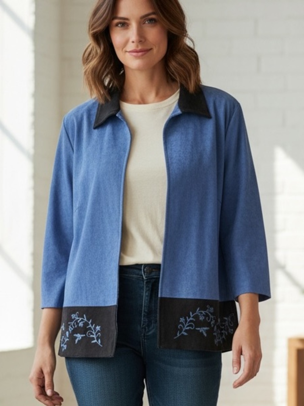 Fashion Bug Blue Open-Front Jacket with Dark Trim